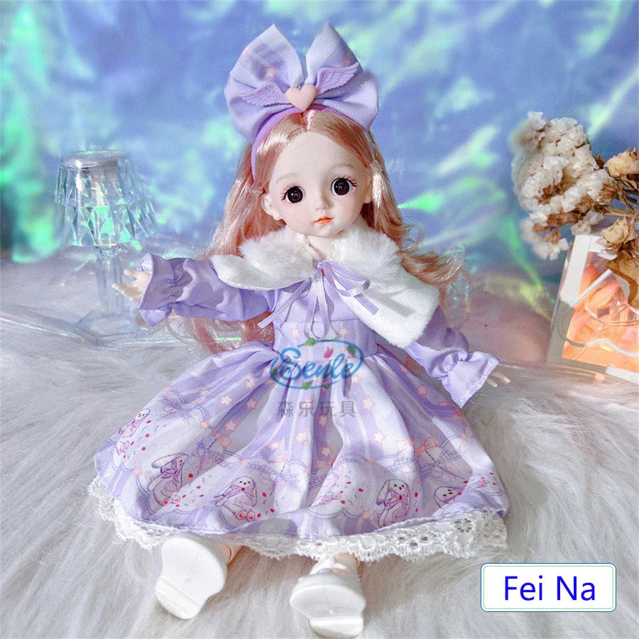 Doll in a purple outfit with a large bow, sitting on a textured surface with decorative elements.