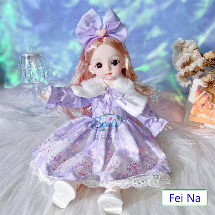 Doll in a purple outfit with a large bow, sitting on a textured surface with decorative elements.