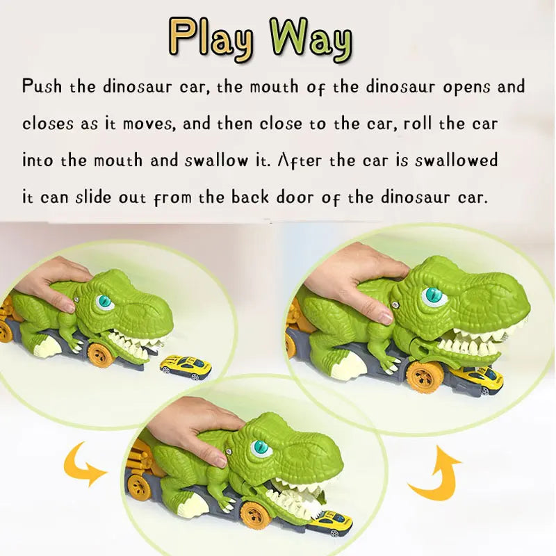 Toy dinosaur car with instructions on how to use it.