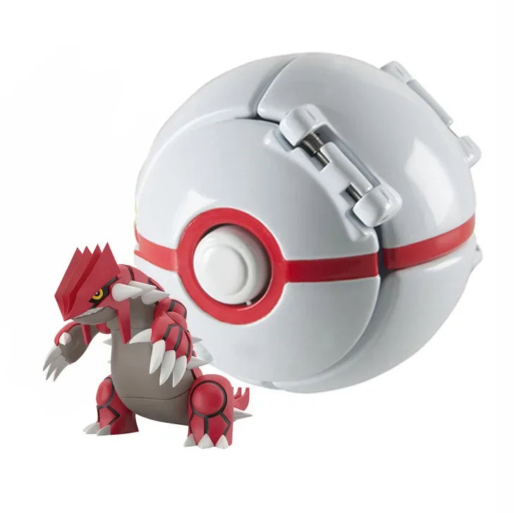 Poké Ball with a red and gray creature figure on a white background.