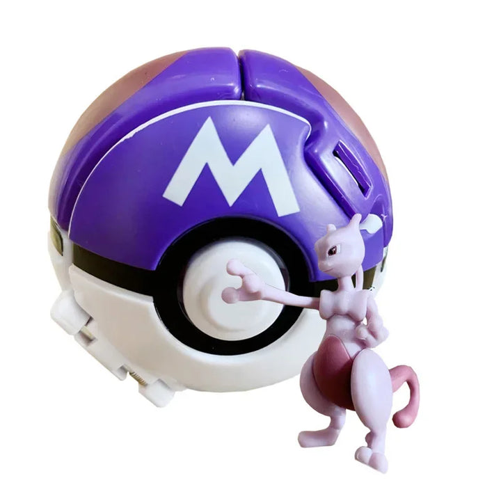 Toy figure of a character on top of a Poké Ball with a purple top.