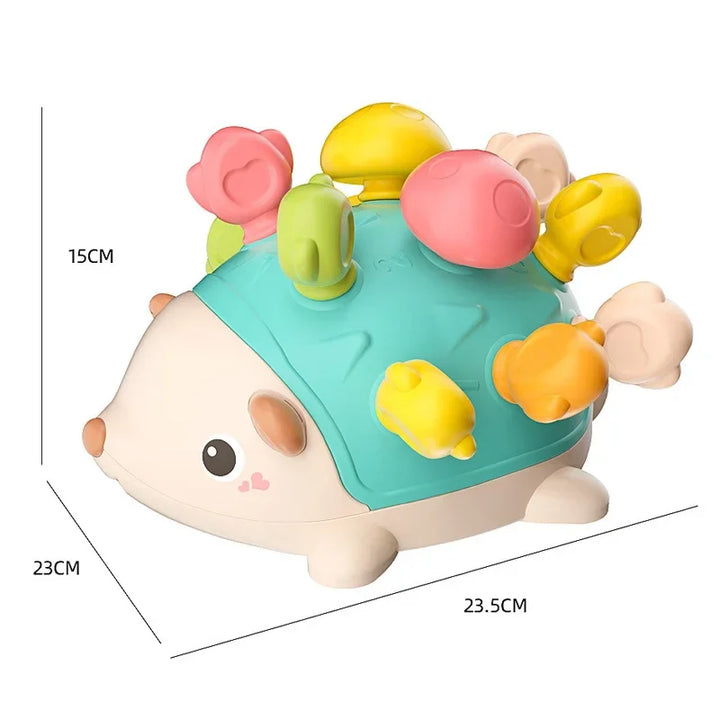 Colorful hedgehog toy with dimensions on a white background.