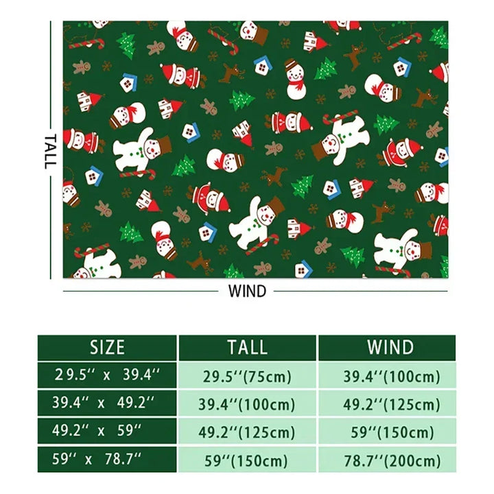 Christmas-themed fabric with snowman pattern and size chart on a green background.