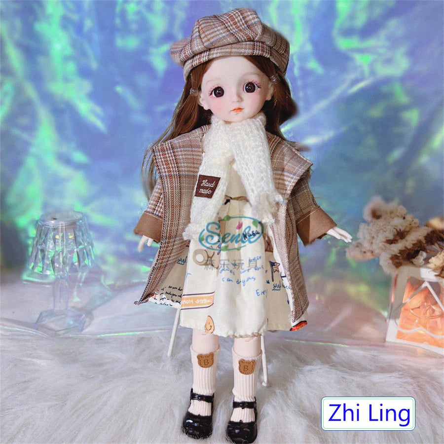 Doll wearing a coat and hat with a blurred background.