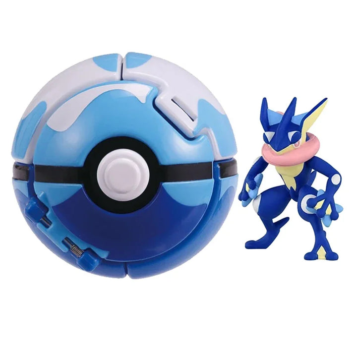 Blue and white Poké Ball-like object with a Pokémon figure on a white background.