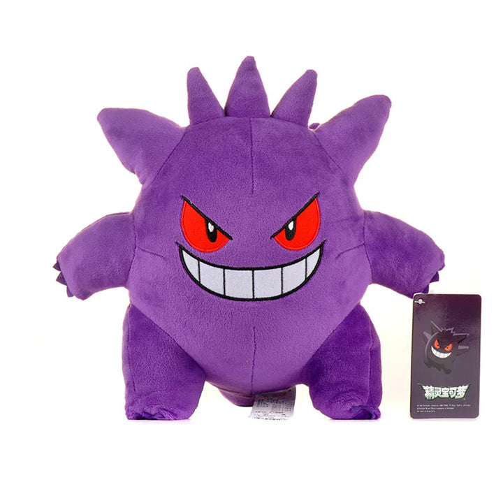 Purple plush toy with red eyes and a grinning mouth on a white background.