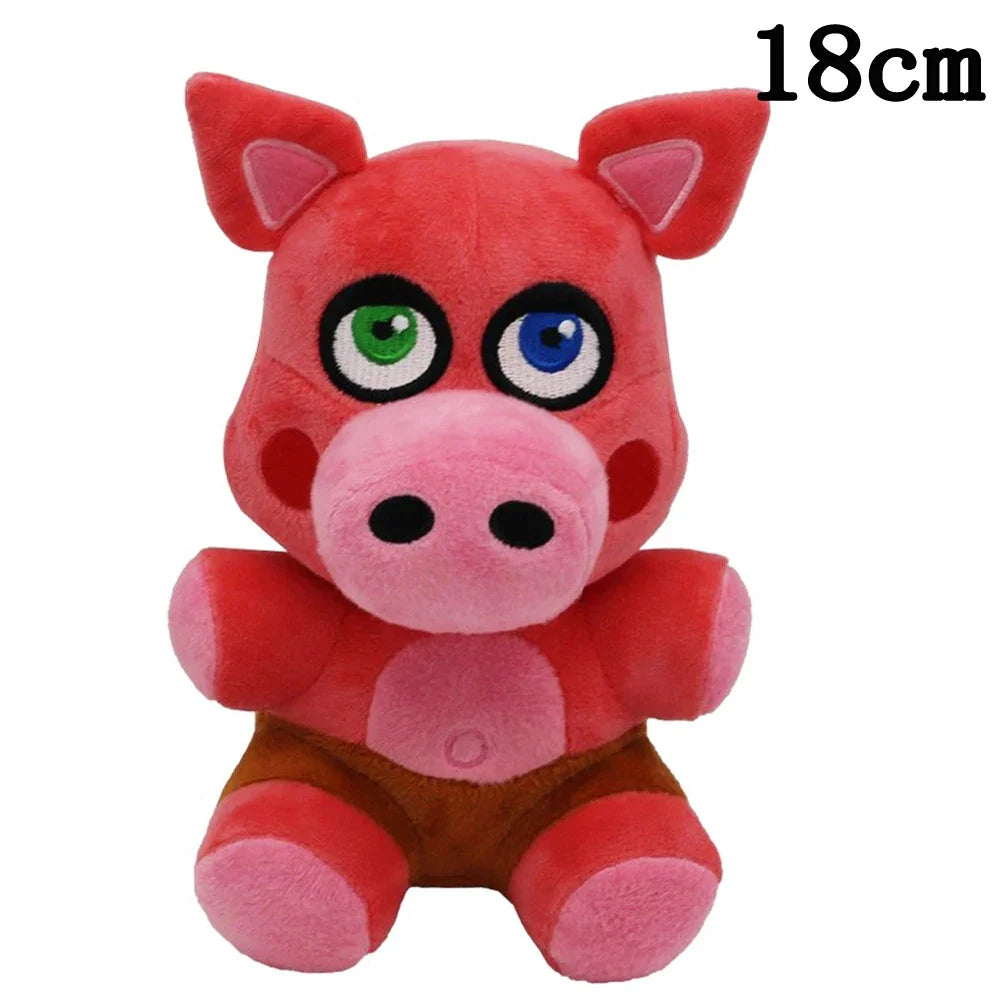 Plush toy pig with multicolored eyes on a white background.