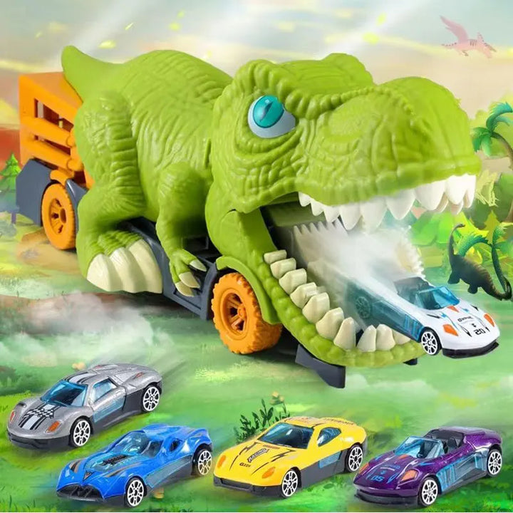 Toy dinosaur with a truck carrying toy cars on a colorful background.