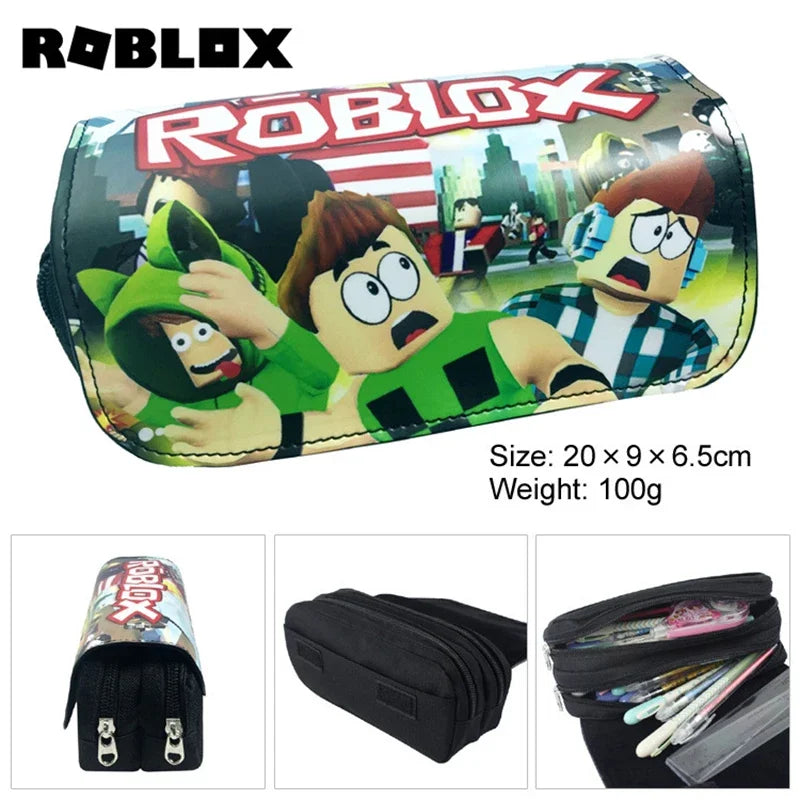 Roblox-themed pencil case with cartoon characters on a white background.