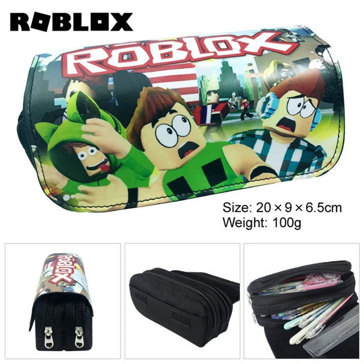 Roblox-themed pencil case with cartoon characters on a white background.