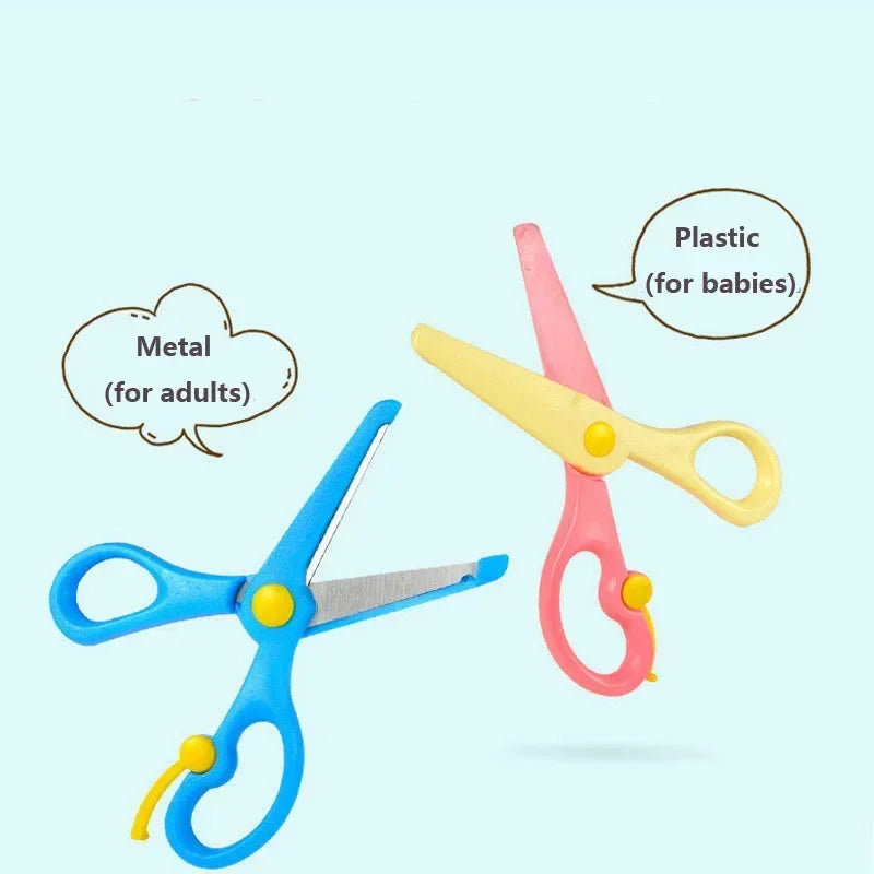 Two pairs of scissors, one blue labeled Metal (for adults) and one pink labeled Plastic (for babies) on a light blue background.