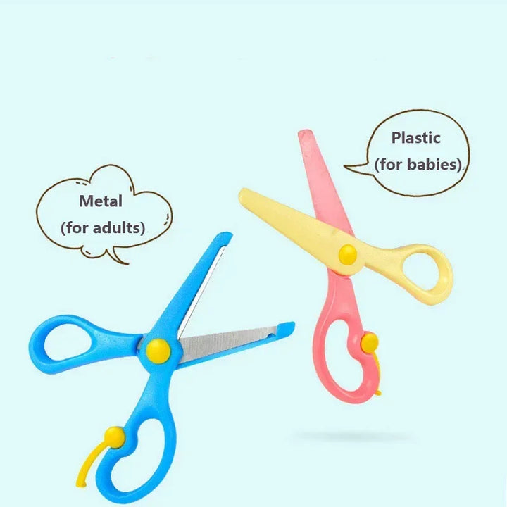Two pairs of scissors, one blue labeled Metal (for adults) and one pink labeled Plastic (for babies) on a light blue background.