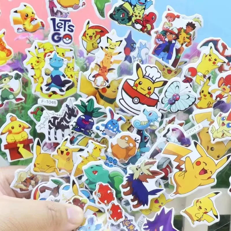 Collection of colorful cartoon stickers featuring various characters on a pink background.
