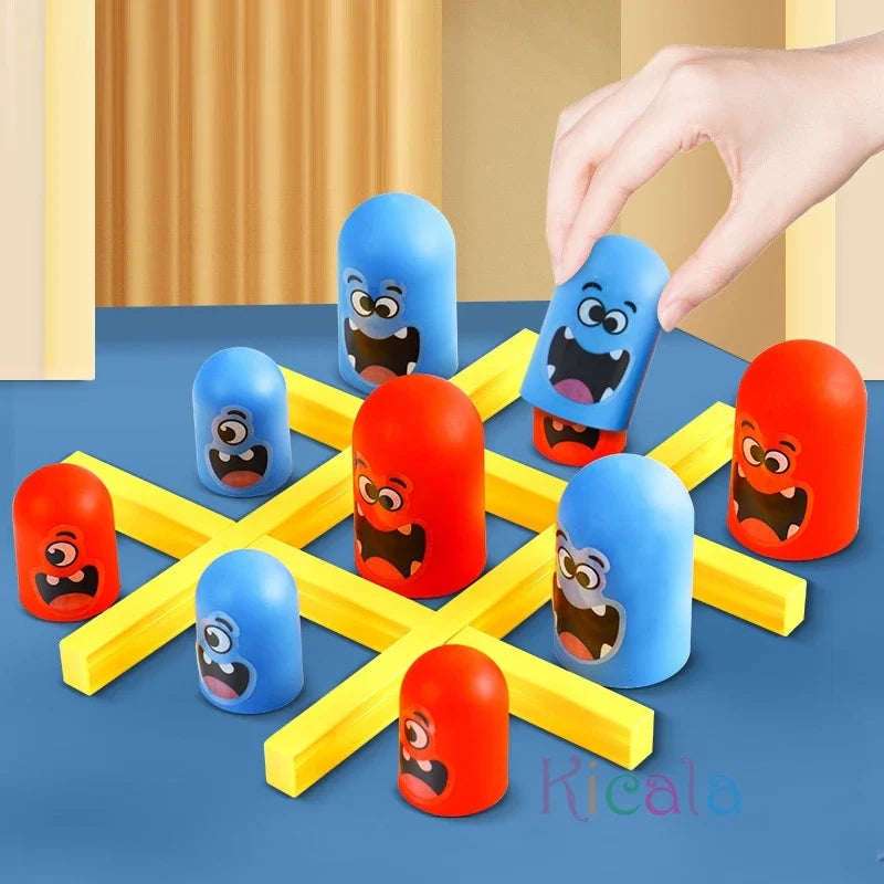 Colorful toy game with cartoon faces on a blue surface.