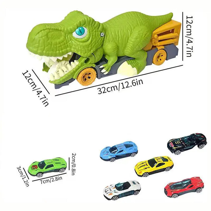 Toy dinosaur with a truck carrying small cars, showing measurements on a white background.