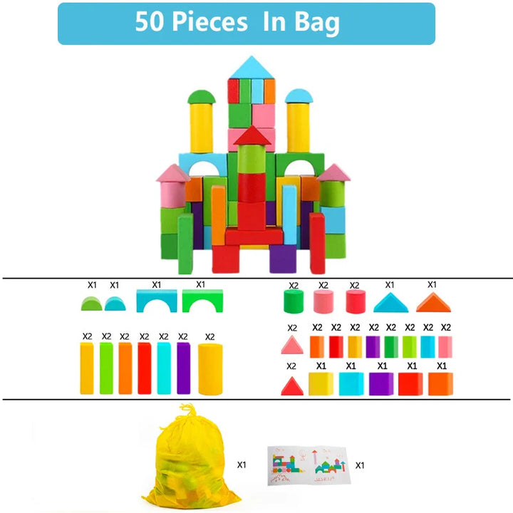 Colorful building block set with a bag and instructions on a white background.