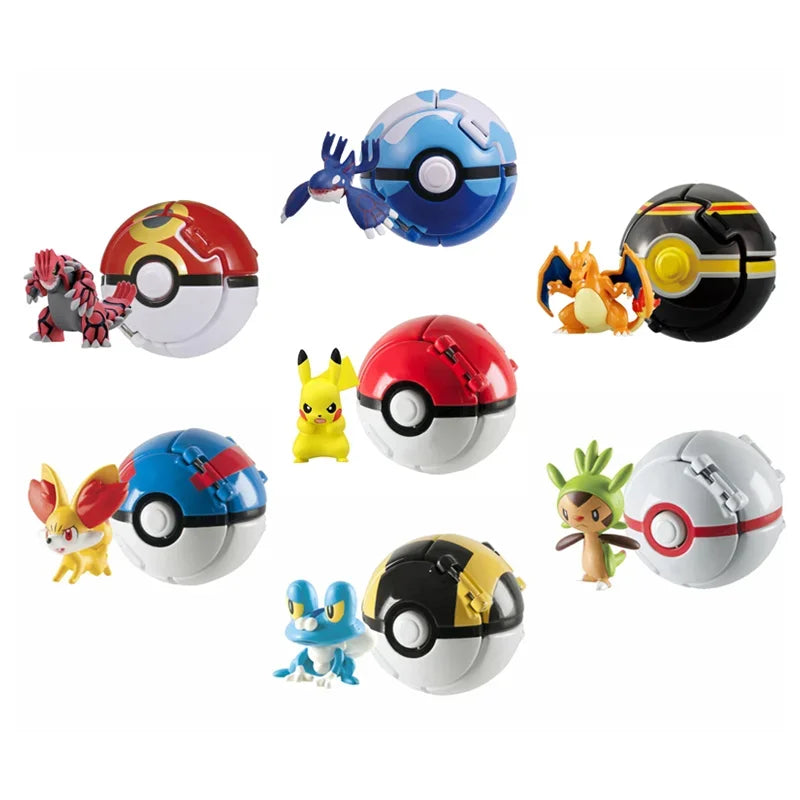 Collection of colorful Poké Ball and Pokémon figures on a white background.