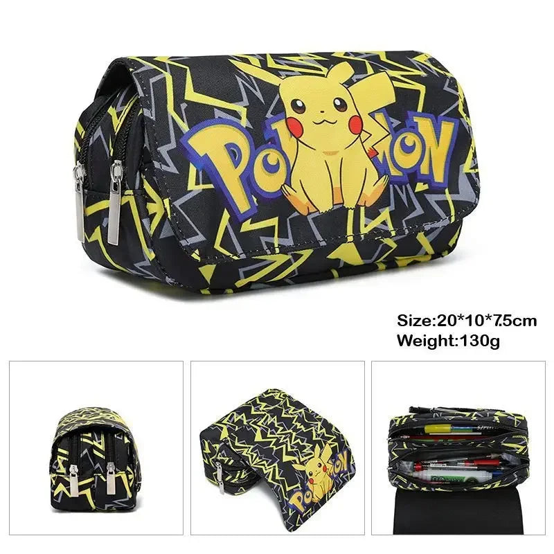 Pikachu-themed pencil case with Pikachu illustration on a black background.