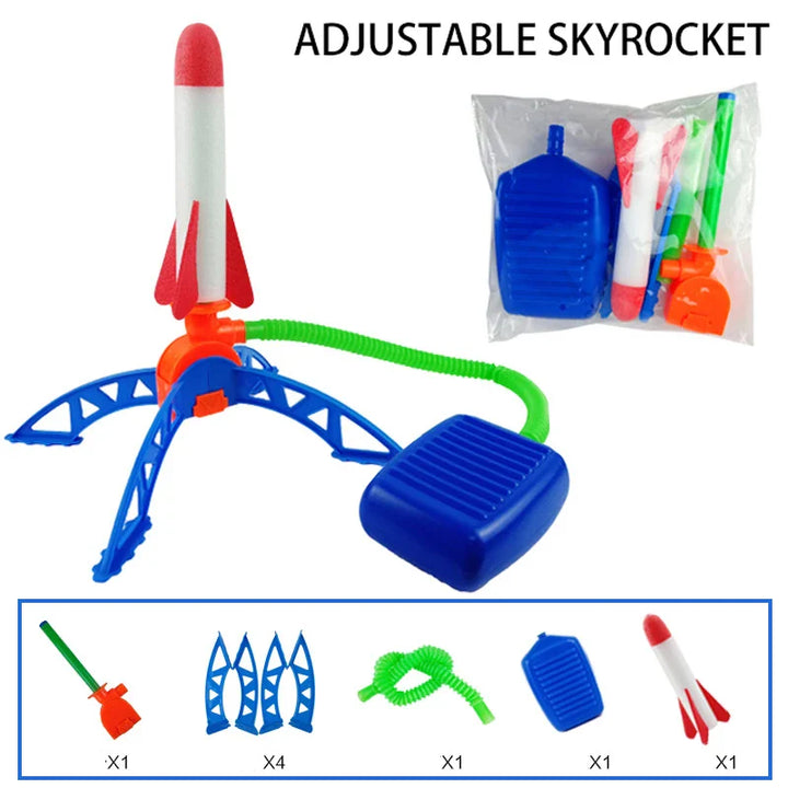 Adjustable skyrocket toy set with components on a white background.