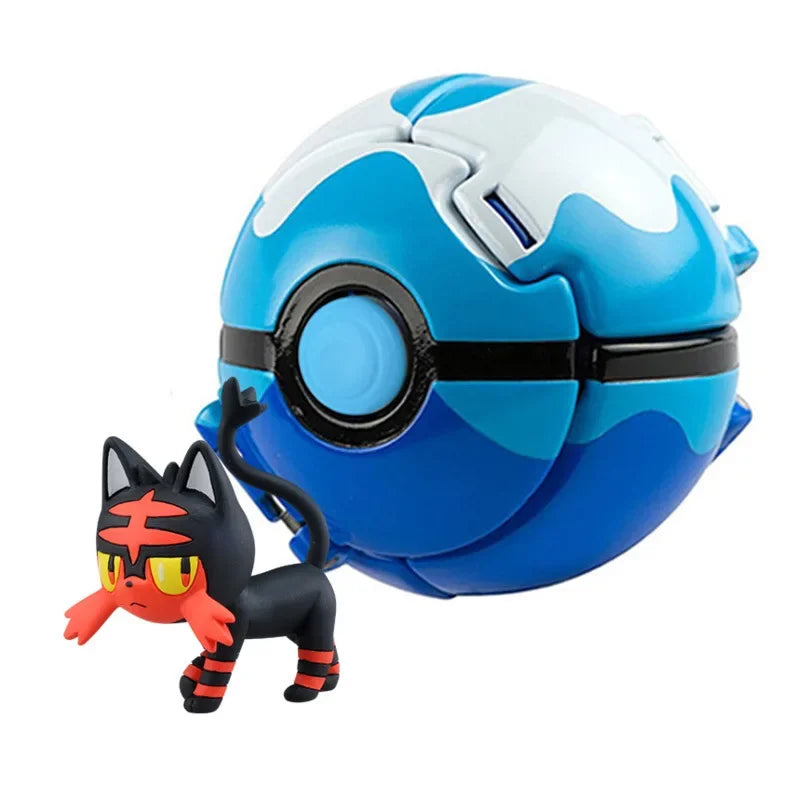 Blue and white spherical object with a small black and red character in front on a white background.