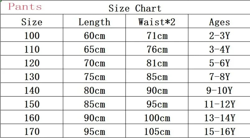 Size chart for pants with measurements in length, waist, and ages.