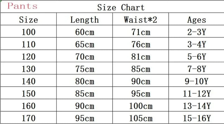 Size chart for pants with measurements in length, waist, and ages.