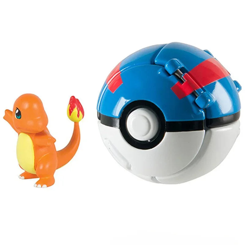 Toy Charmander figure next to a Poké Ball on a white background.
