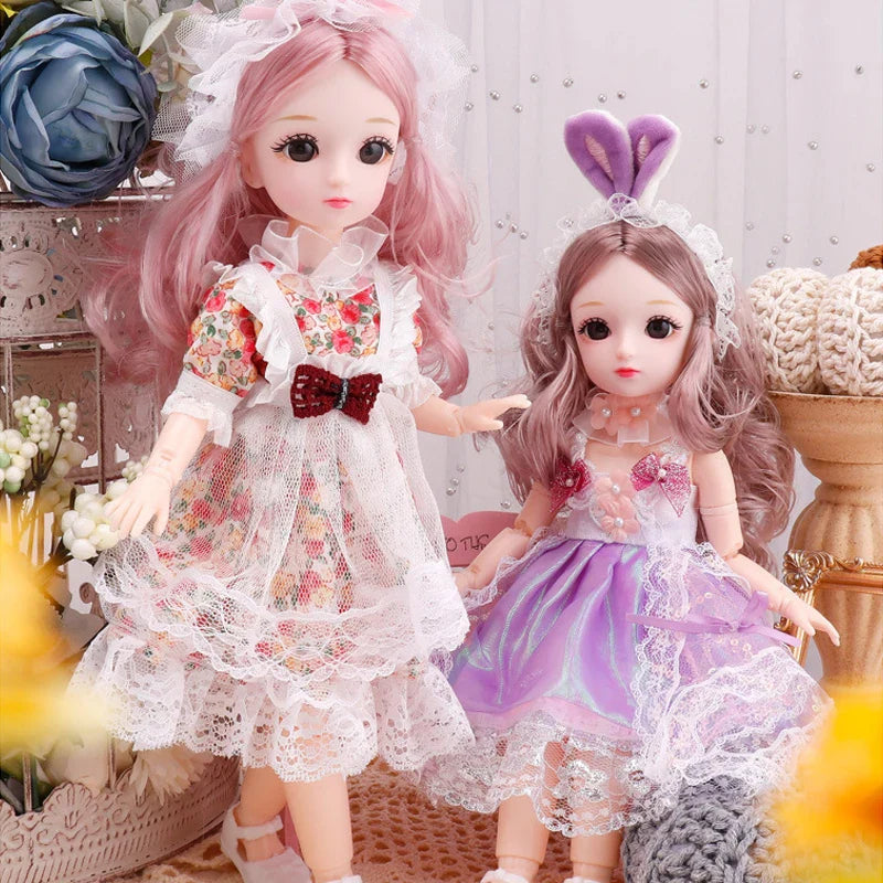 Two dolls with detailed outfits in a decorative setting.