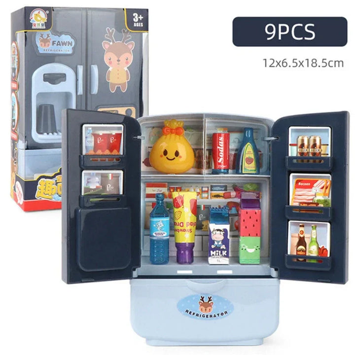 Toy refrigerator with open doors showing various toy food items and packaging.