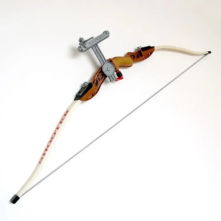 Children's archery bow with white bowstring on a white background.