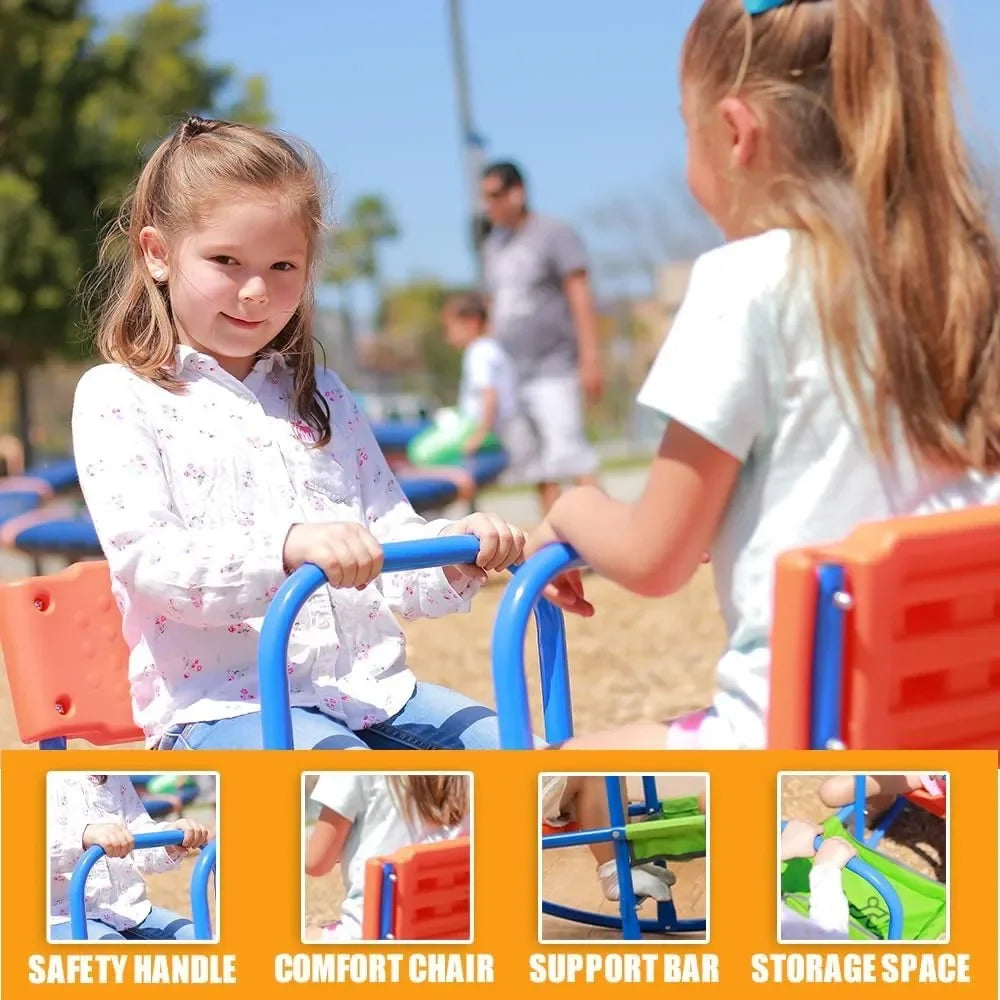 Children playing with a playground structure, with safety features highlighted.