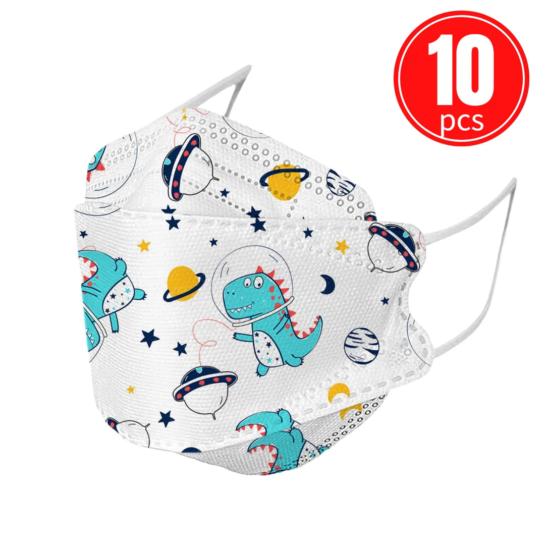 Children's face mask with space-themed design featuring dinosaurs and planets labeled 10 pieces.