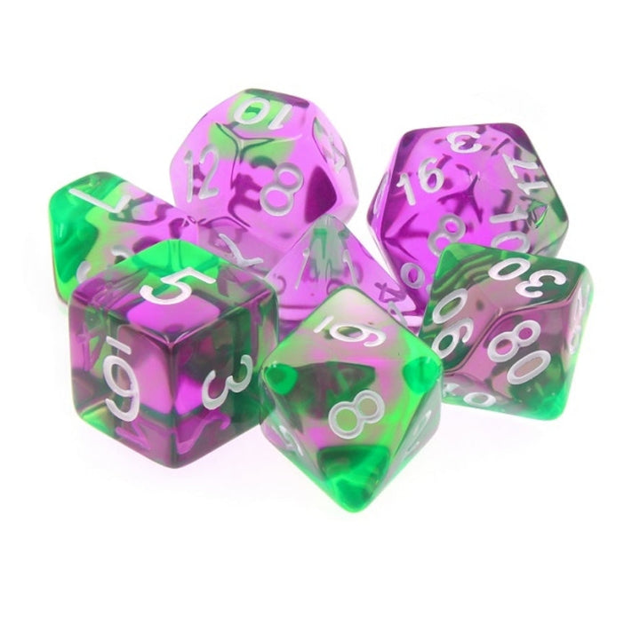 Violet Evergreen Translucent Purple/ Green Poly Dice Set with White (7) RPG DnD HdDice