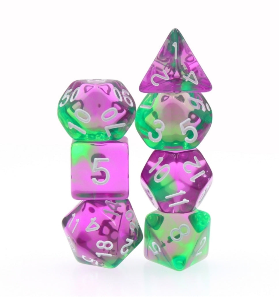 Violet Evergreen Translucent Purple/ Green Poly Dice Set with White (7) RPG DnD HdDice