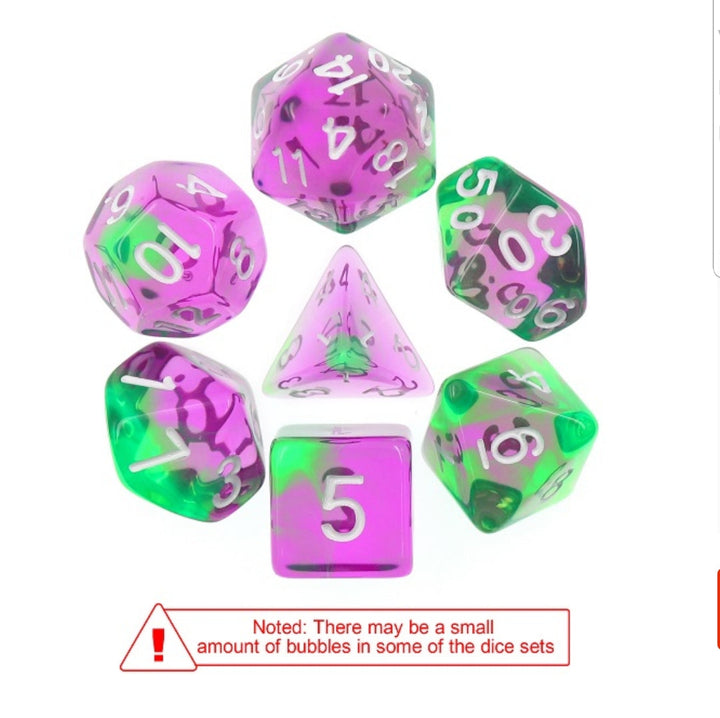 Violet Evergreen Translucent Purple/ Green Poly Dice Set with White (7) RPG DnD HdDice