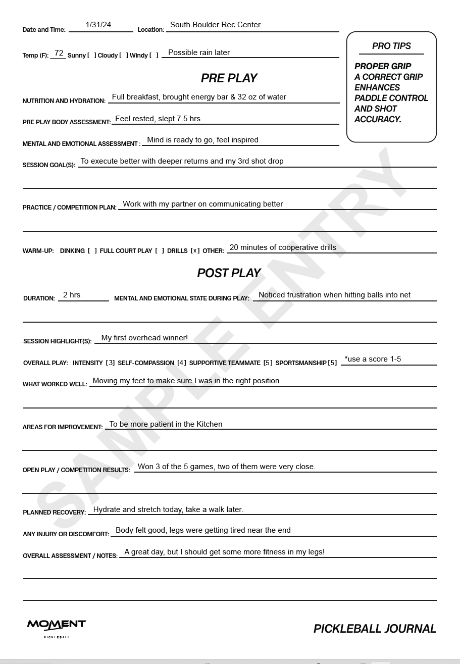 Moment Pickleball Practice and Play Mindfulness Journal Page.