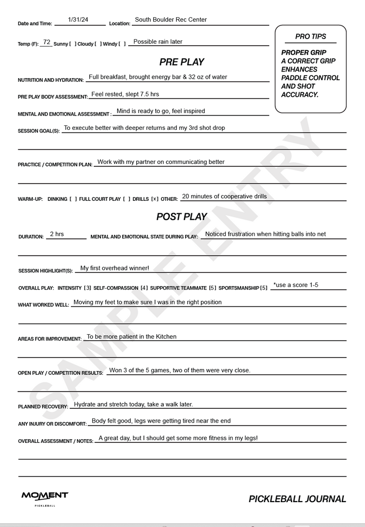 Moment Pickleball Practice and Play Mindfulness Journal Page.