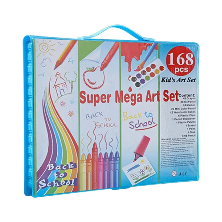 Super Mega Art Set packaging with colorful illustrations and text on a white background.