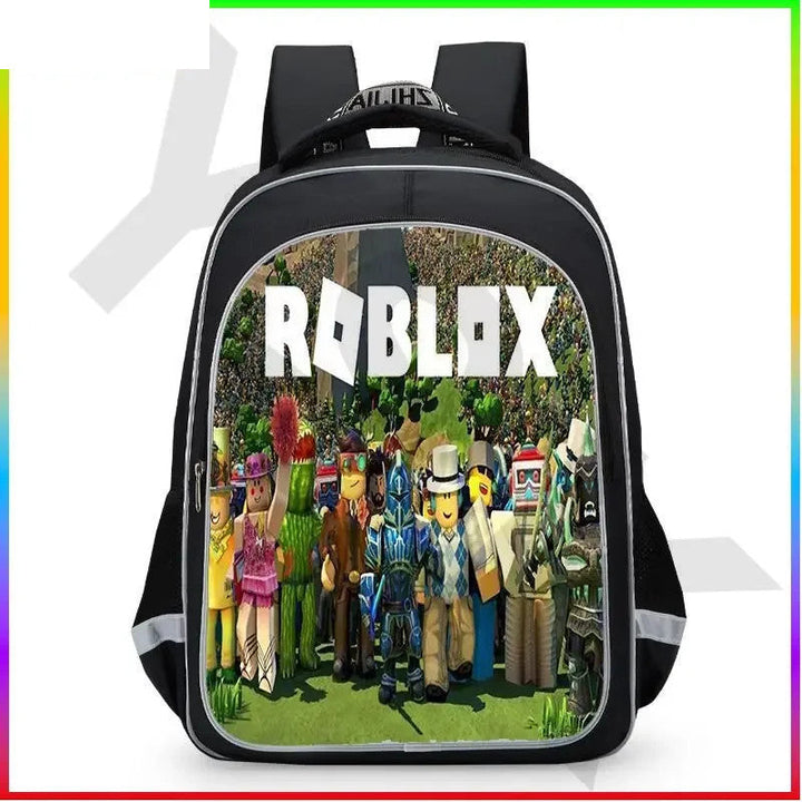 Backpack with Roblox characters and text on a white background.