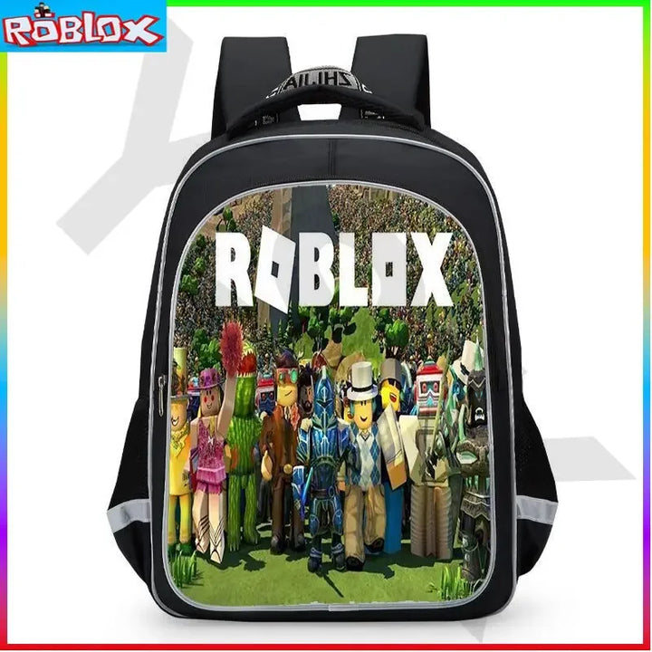 Black backpack with Roblox characters and branding on a white background.