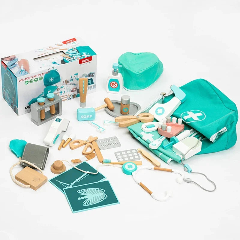 Toy doctor's kit with tools and accessories on a white background.