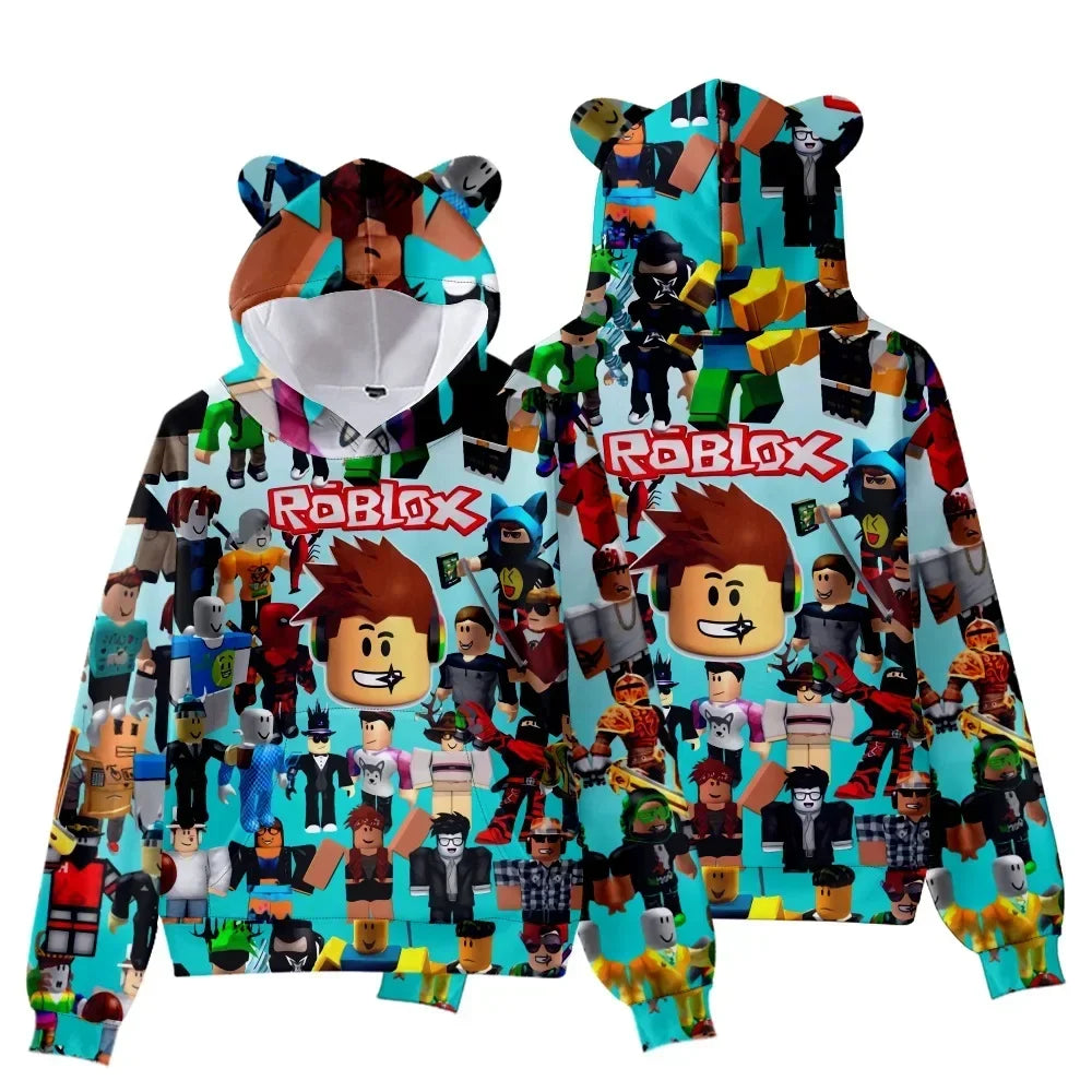 Roblox-themed hoodie with character patterns on a white background.