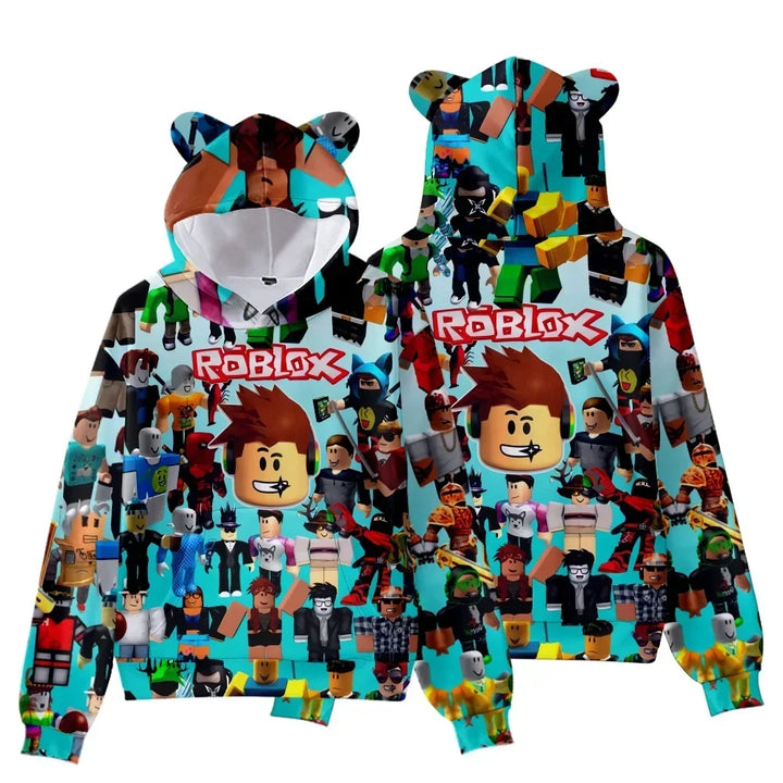 Roblox-themed hoodie with character patterns on a white background.