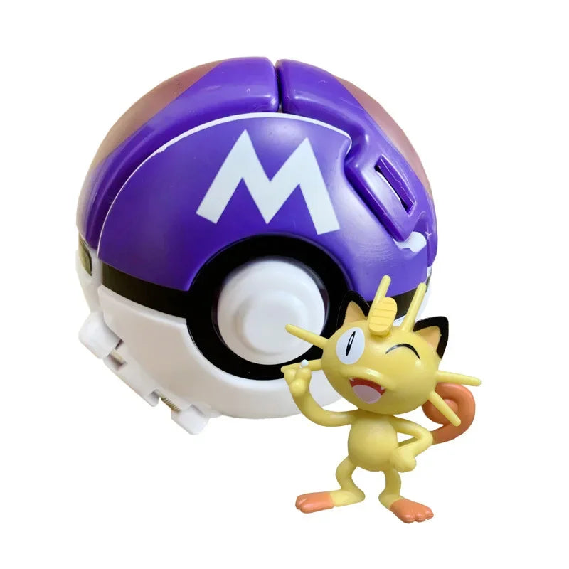 Toy figure of a yellow creature next to a purple and white Poké Ball-like object with an M on a white background.