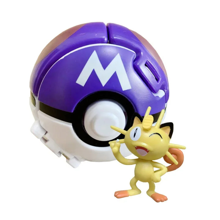 Toy figure of a yellow creature next to a purple and white Poké Ball-like object with an M on a white background.