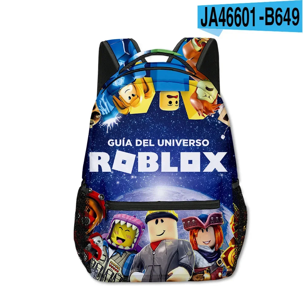 Backpack with Roblox branding and character images on a white background.