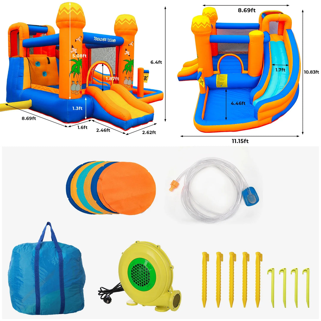 Inflatable bounce house with water slide, accessories, and pump on a white background.