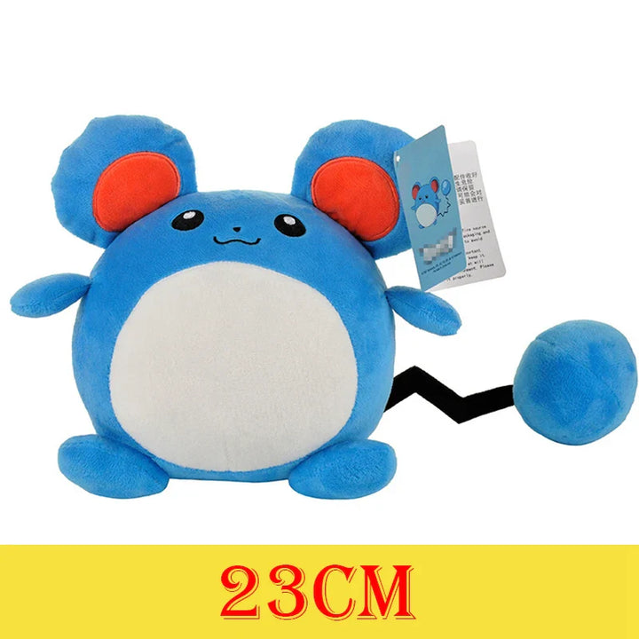 Blue plush toy with red accents on a white background.