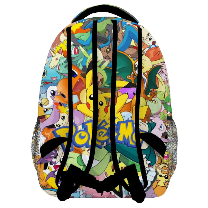 Backpack with colorful cartoon character pattern on a white background.