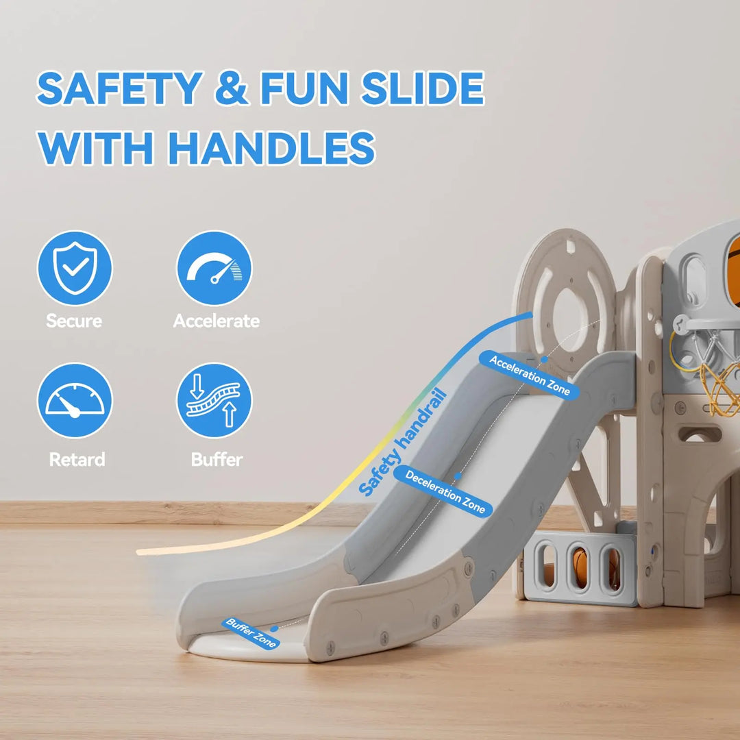 Children's slide with handles on a wooden floor, featuring safety features.